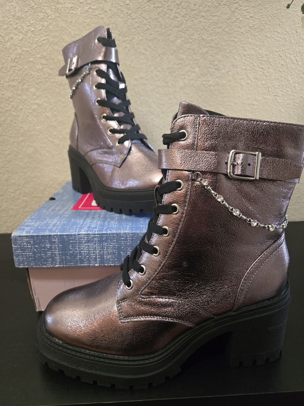 Metallic Pewter Lace-Up Chunky Heel Ankle Boots - Women's